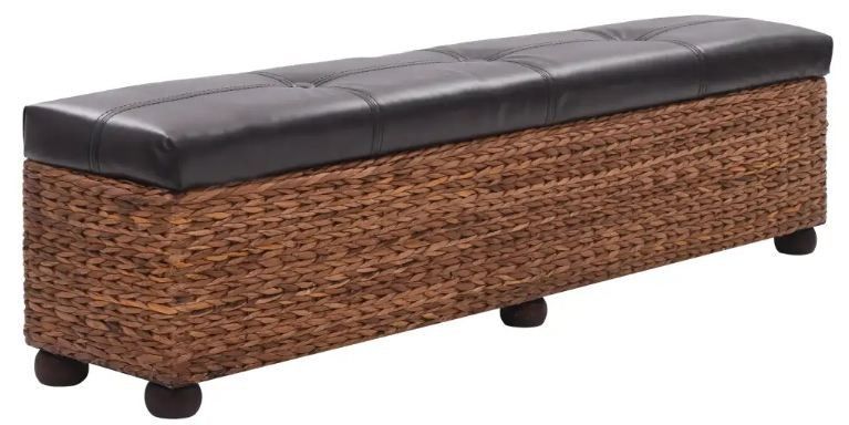 Banquette coffre capitonnée jacinthe d'eau marron assise similicuir noir et pieds bois massif foncé Kiva - Photo n°1