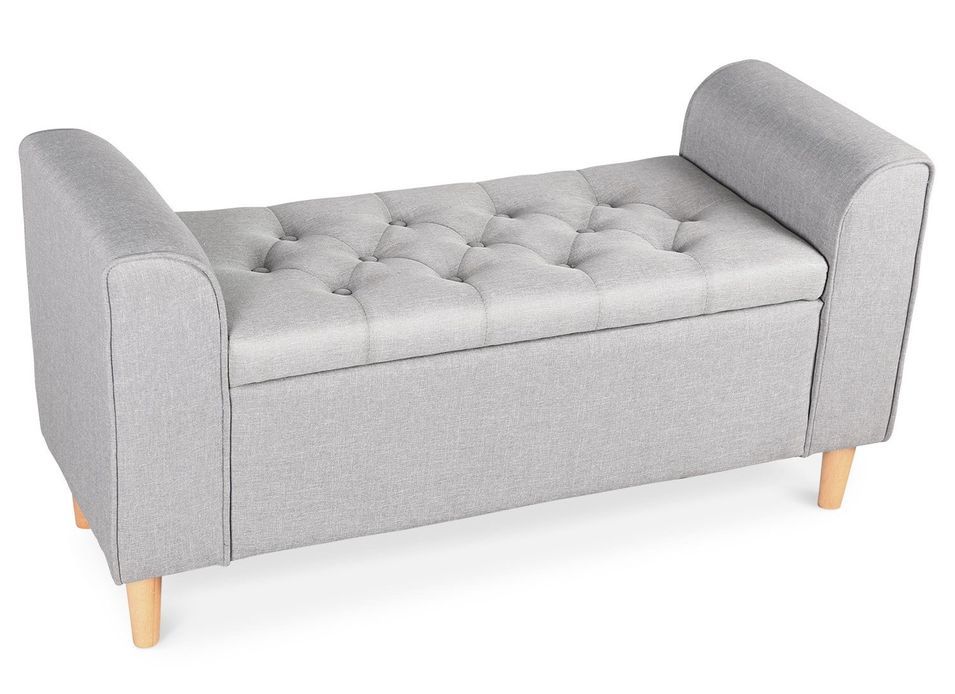 Banquette coffre capitonnée tissu gris clair Micke 114 cm - Photo n°1