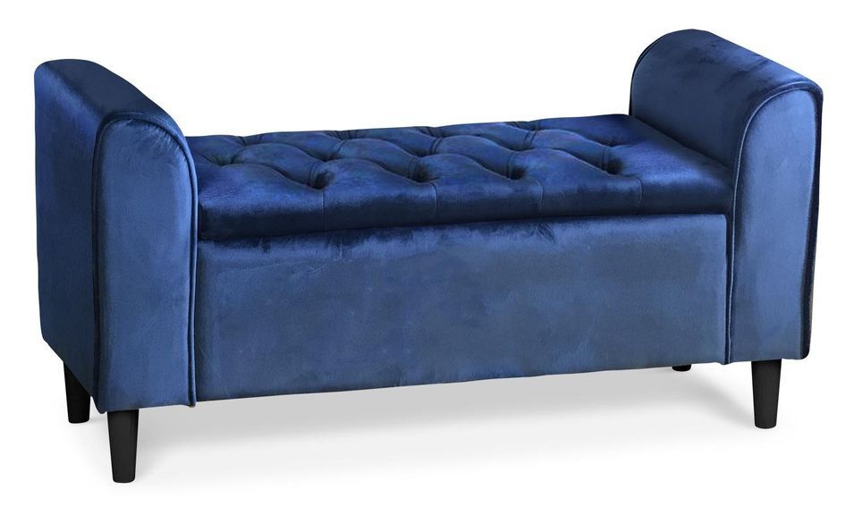 Banquette coffre capitonnée velours bleu Micke 114 cm - Photo n°1