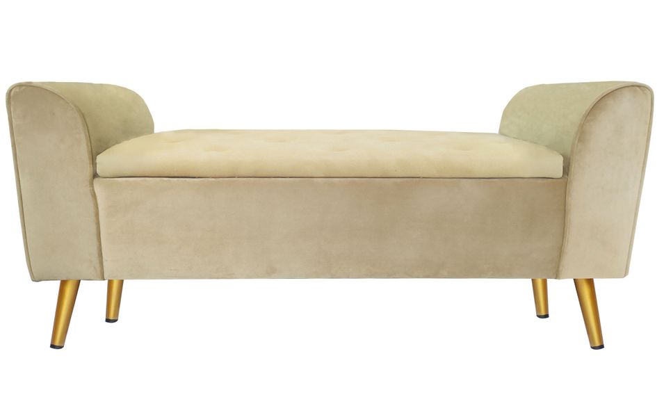 Banquette coffre velours beige et pieds métal doré Micke 114 cm - Photo n°1