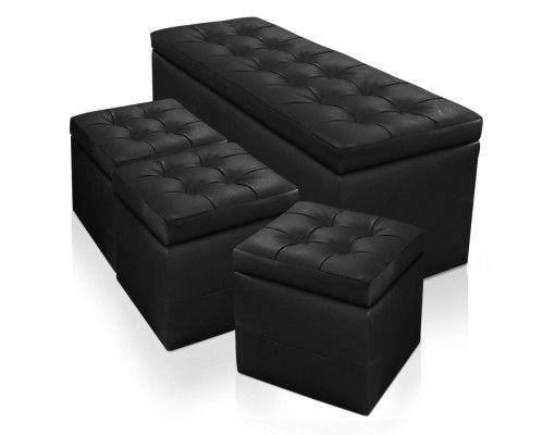 Banquette noire et 3 poufs capitonnés KENJY - Photo n°1