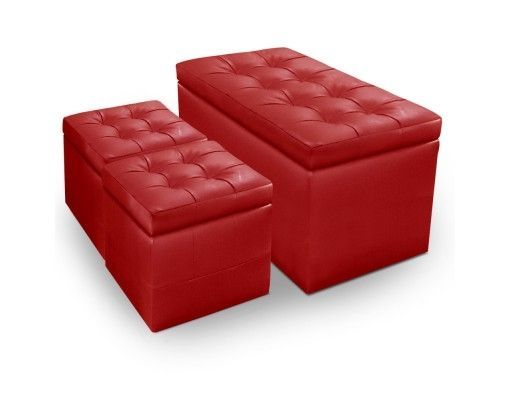 Banquette rouge simili capitonnée et 2 poufs Kenjy - Photo n°1
