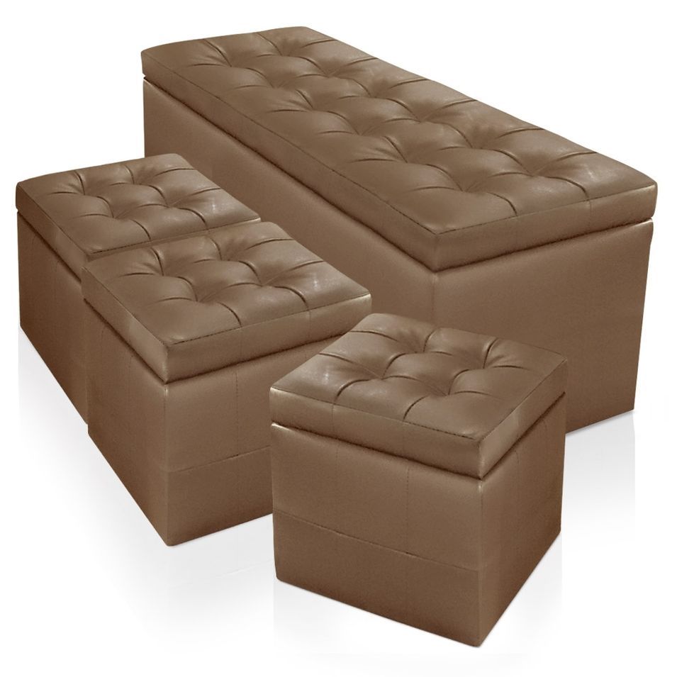 Banquette taupe et 3 poufs capitonnés KENJY - Photo n°1