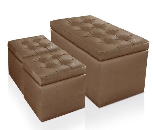 Banquette taupe simili capitonnée et 2 poufs Kenjy - Photo n°1