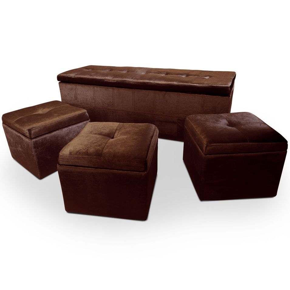Banquette velours marron et 3 poufs Kenzo - Photo n°1