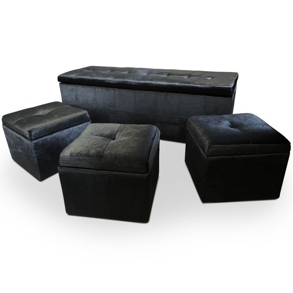 Banquette velours noir et 3 poufs Kenzo - Photo n°1