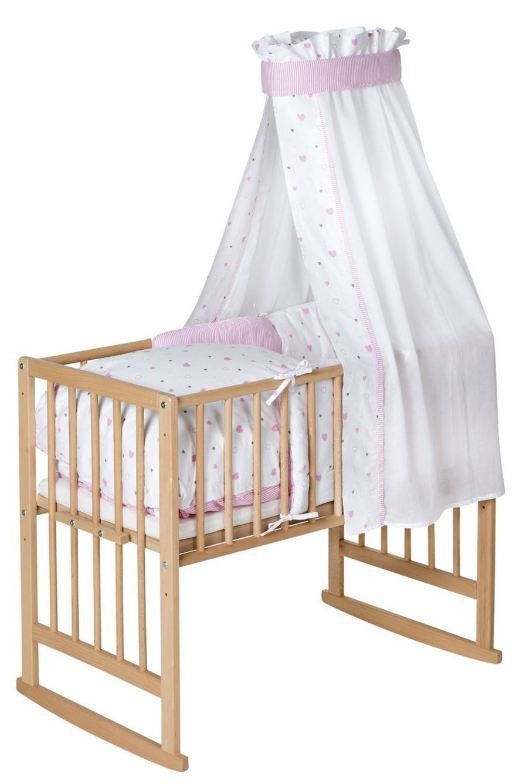 Berceau hêtre massif clair laqué Bario Petits coeurs roses - Photo n°1