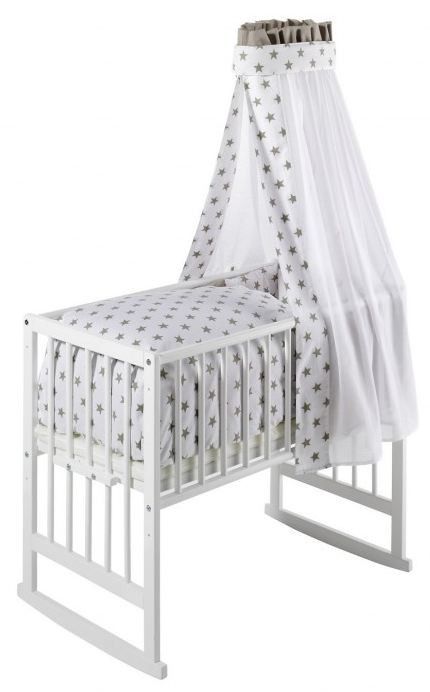 Berceau hêtre massif laqué blanc Bario Grandes étoiles beiges - Photo n°1