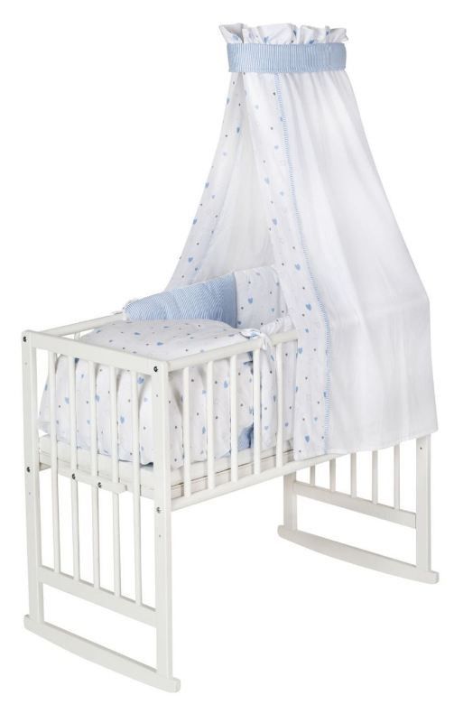 Berceau hêtre massif laqué blanc Bario Petits coeurs bleus - Photo n°1