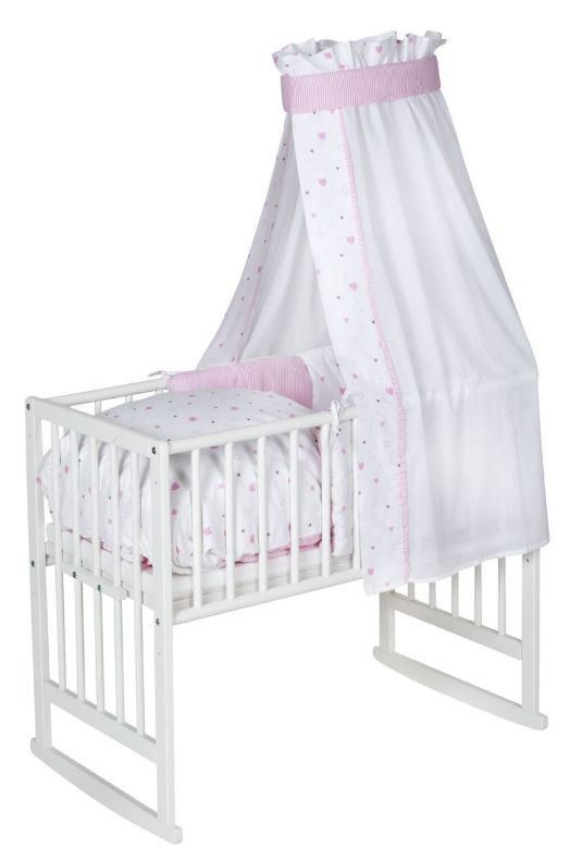 Berceau hêtre massif laqué blanc Bario Petits coeurs roses - Photo n°1