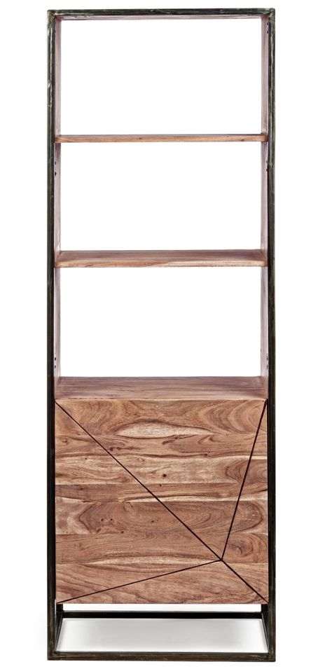 Bibliothèque 1 porte en bois clair d'acacia vernis mat et acier noir Makune 60 cm - Photo n°1