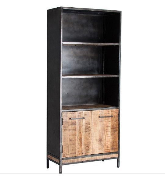 Bibliothèque 2 portes 3 étagères manguier massif clair et métal noir Pastol - Photo n°1