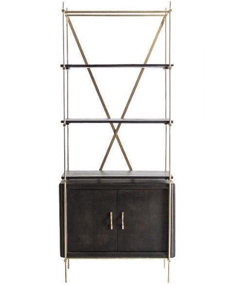 Bibliothèque 2 portes 3 étagères orme massif noir et métal doré Nood - Photo n°1