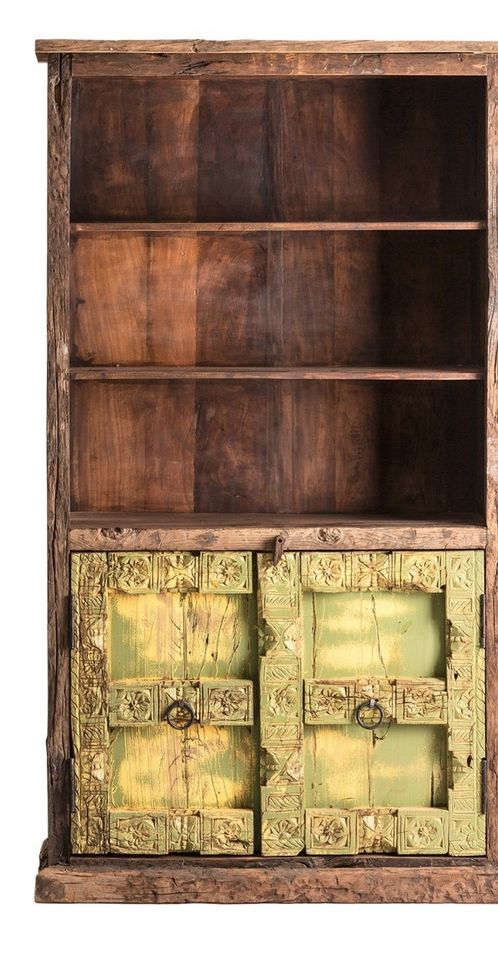 Bibliothèque 2 portes bois massif foncé et vert Chihu - Photo n°1