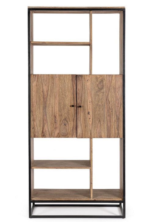 Bibliothèque 2 portes KLAZIK 88 cm bois clair de Sheesham et acier noir - Photo n°1