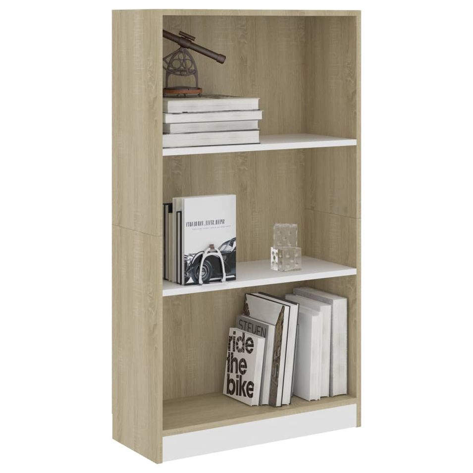 Bibliothèque 3 niveaux Blanc/chêne sonoma 60x24x108cm - Photo n°1