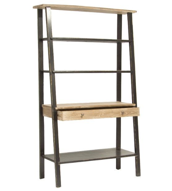 Bibliothèque 4 étagères 2 tiroirs orme massif foncé et métal noir Kira - Photo n°1