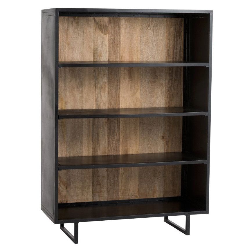 Bibliothèque 4 niveaux métal noir et bois massif clair Cintee - Photo n°1