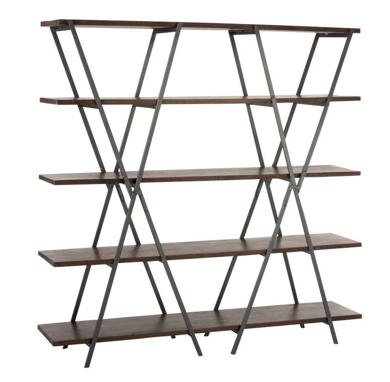 Bibliothèque 5 niveaux bois massif foncé et métal noir Cintee - Photo n°1