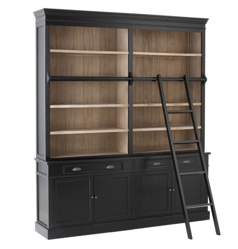 Bibliothèque avec échelle bois massif et noir Bialli H 232.5 cm - Photo n°1