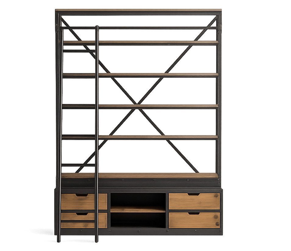 Bibliothèque industrielle avec échelle STONE – Bois de pin massif recyclé et acier noir - Photo n°1