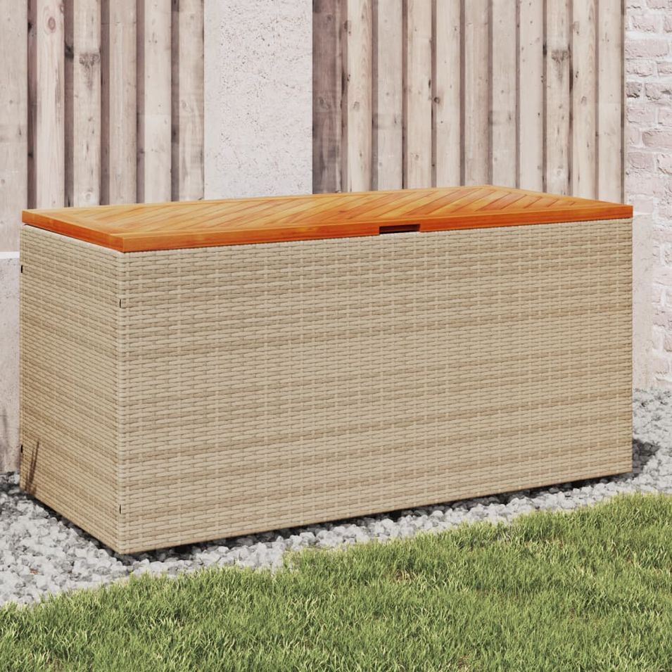 Boîte de rangement de jardin beige résine tressée bois d'acacia - Photo n°1