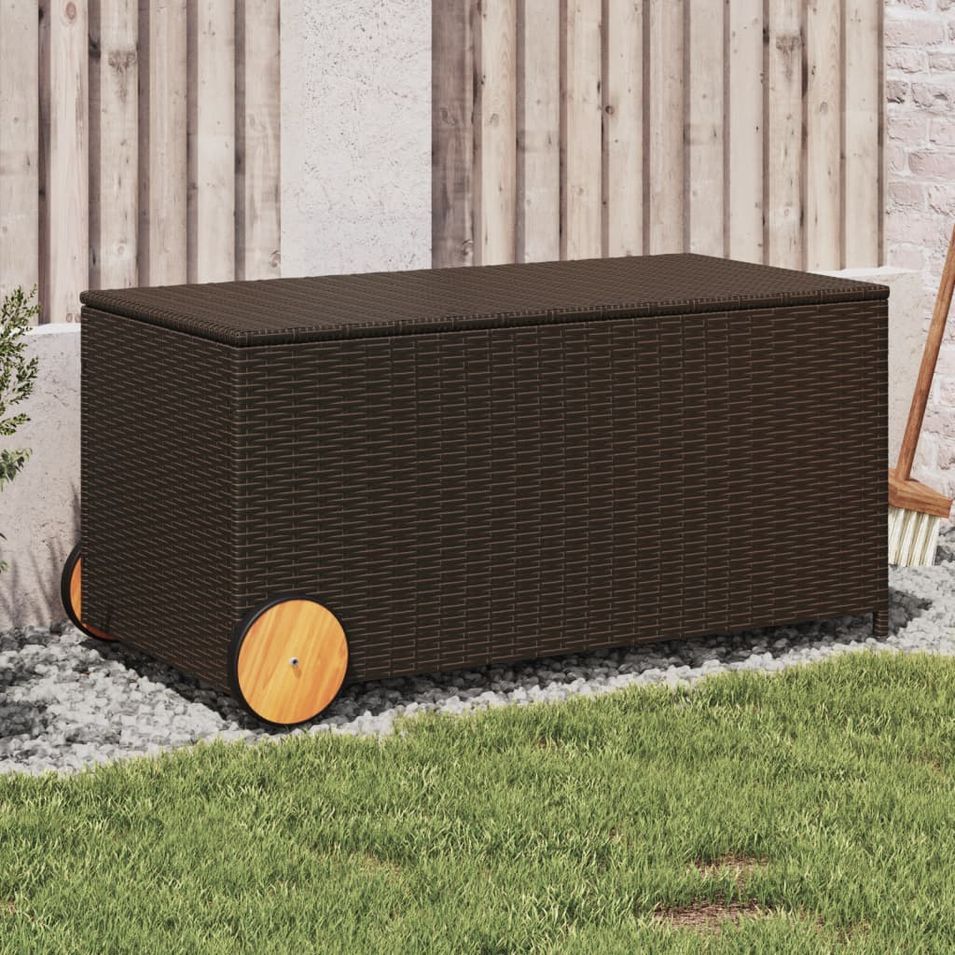 Boîte de rangement de jardin et roues marron 190L poly rotin - Photo n°1