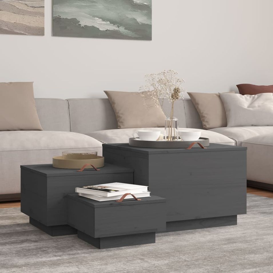 Boîtes de rangement et couvercles 3 pcs Gris Bois massif de pin - Photo n°1