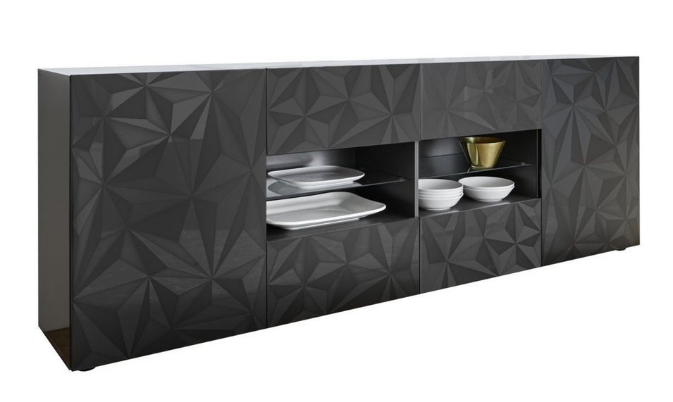 Buffet 2 portes 2 tiroirs bois laqué anthracite brillant Pagar L 180 cm - Photo n°1
