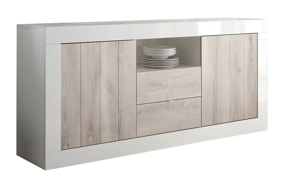 Buffet 2 portes 2 tiroirs laqué blanc brillant et pin gris Pilari L 184 cm - Photo n°1