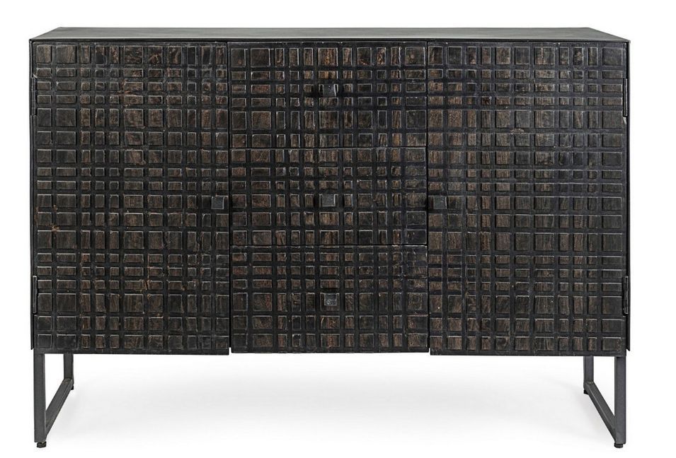 Buffet 2 portes 3 tiroirs acier et bois de manguier noir Dody 120 cm - Photo n°1