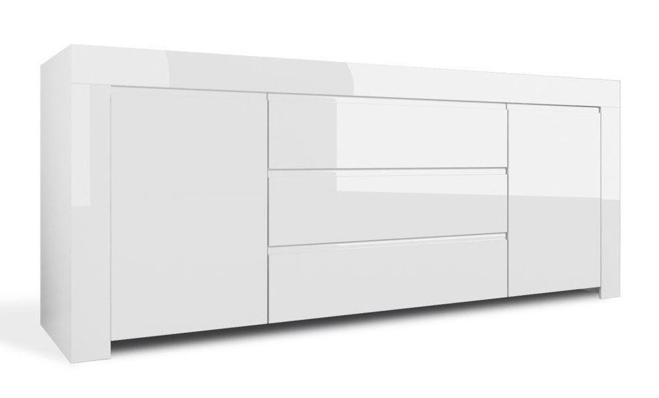 Buffet 2 portes 3 tiroirs bois laqué blanc brillant Ambre L 190 cm - Photo n°1