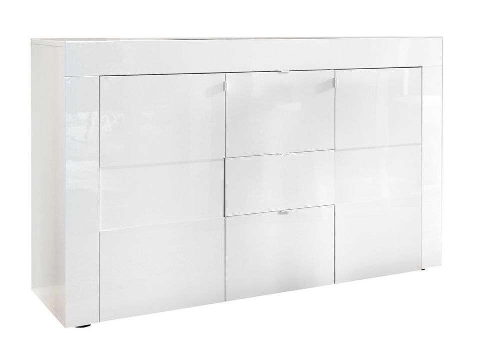 Buffet 2 portes 3 tiroirs bois laqué blanc brillant Lubi L 138 cm - Photo n°1