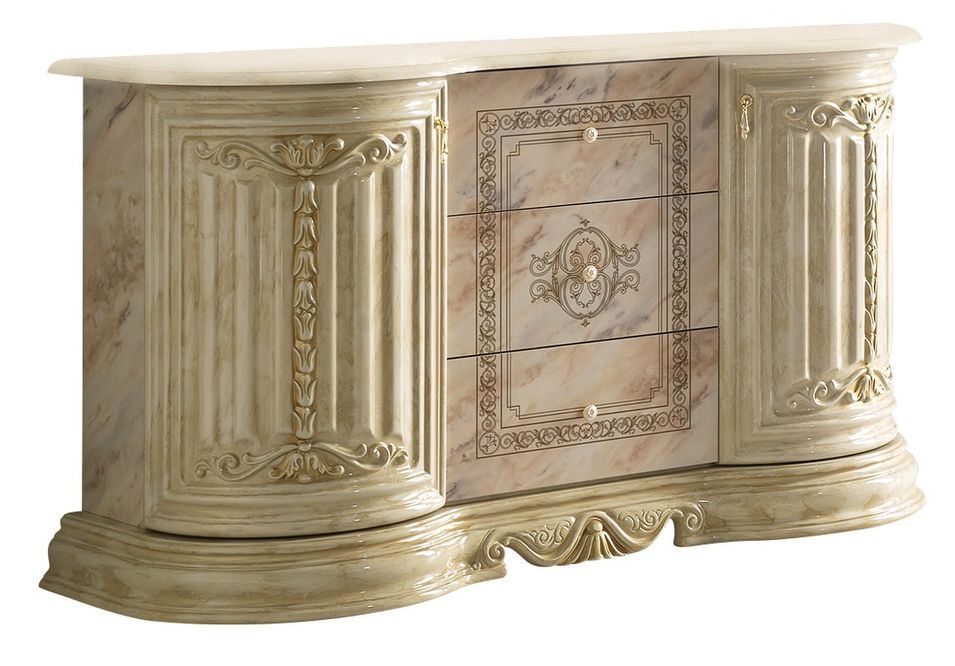 Buffet 2 portes 3 tiroirs bois vernis laqué brillant beige onyx effet marbré et doré Lesly 134 cm - Photo n°1