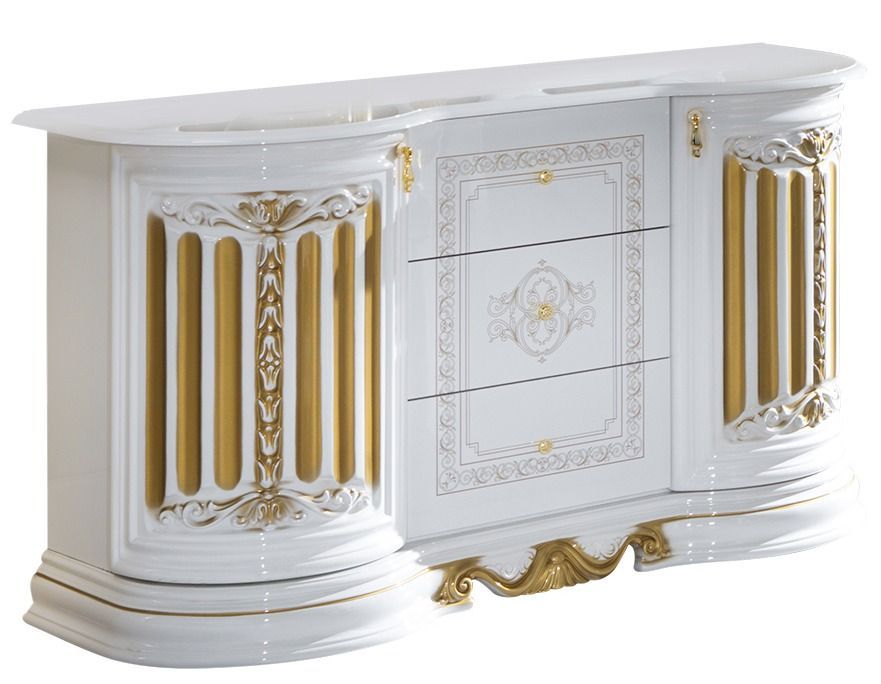 Buffet 2 portes 3 tiroirs bois vernis vernis laqué brillant brillant blanc et doré Lesly 134 cm - Photo n°1