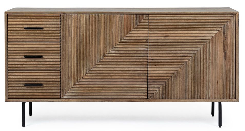 Buffet 2 portes 3 tiroirs DARSEY 160 cm – Bois massif naturel & pieds acier noir - Photo n°1