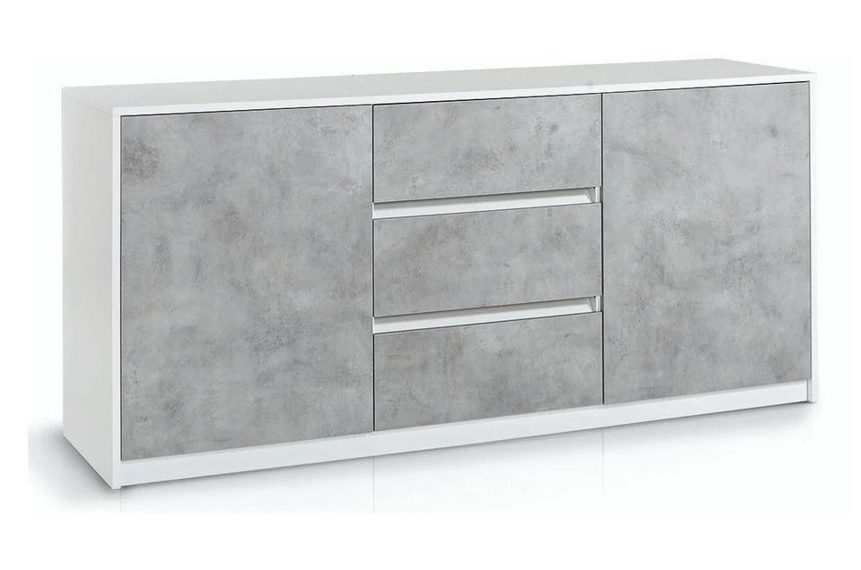 Buffet 2 portes 3 tiroirs mélaminé blanc et béton Keesa L 180 cm - Photo n°1