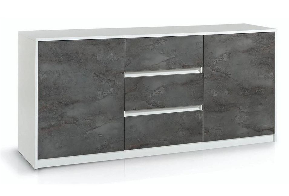 Buffet 2 portes 3 tiroirs mélaminé blanc et gris Soli L 180 cm - Photo n°1