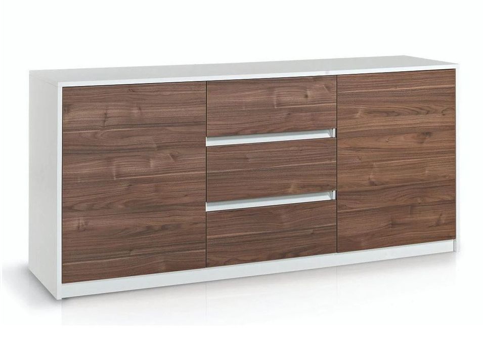 Buffet 2 portes 3 tiroirs mélaminé blanc et noyer Manni L 180 cm - Photo n°1
