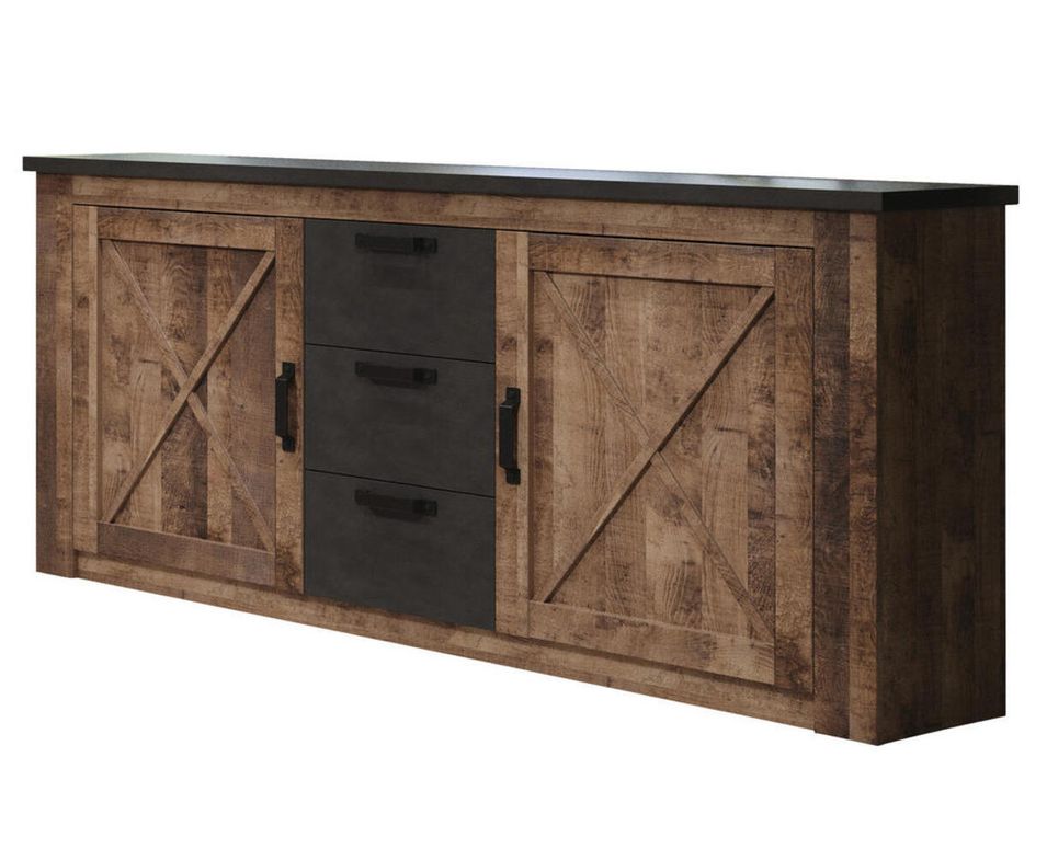 Buffet 2 portes 3 tiroirs mélaminé chêne foncé et gris Aria 180 cm - Photo n°1