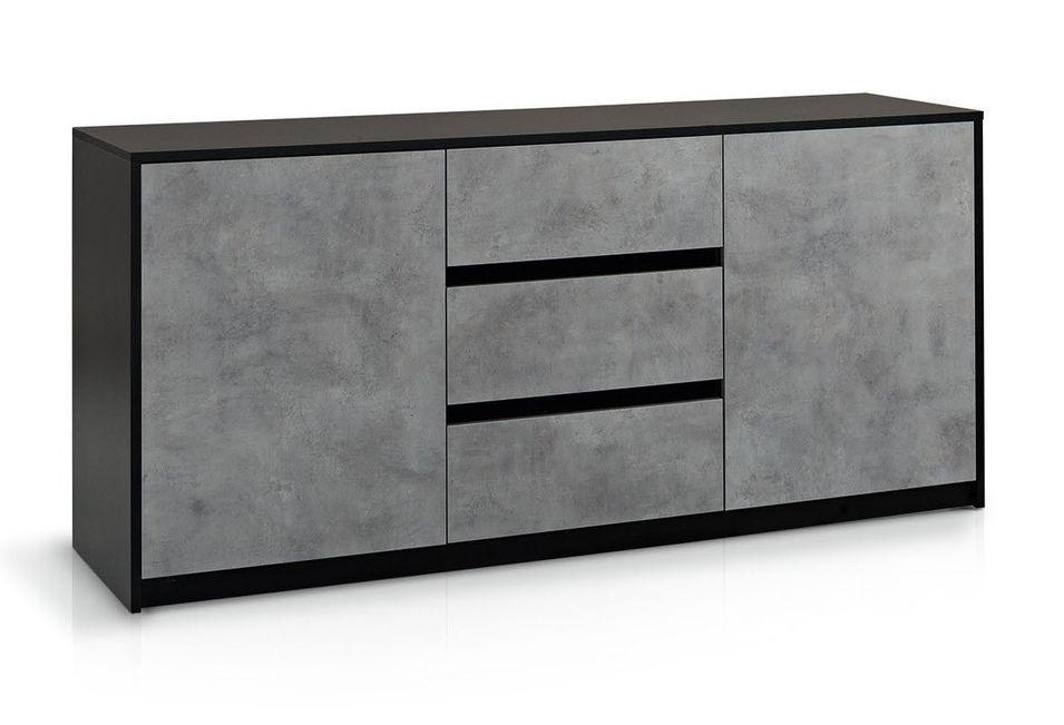 Buffet 2 portes 3 tiroirs mélaminé noir et béton Luxot L 180 cm - Photo n°1