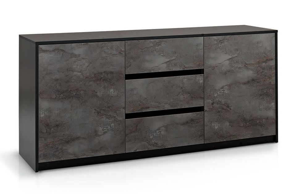 Buffet 2 portes 3 tiroirs mélaminé noir et gris Lobis L 180 cm - Photo n°1