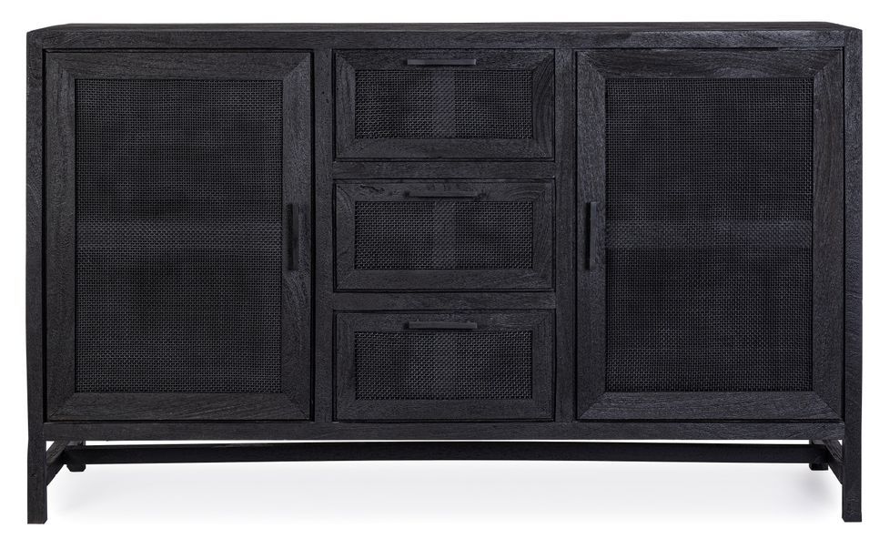 Buffet 2 portes 3 tiroirs WAKY 150 cm - Bois massif et rotin noir - Photo n°1