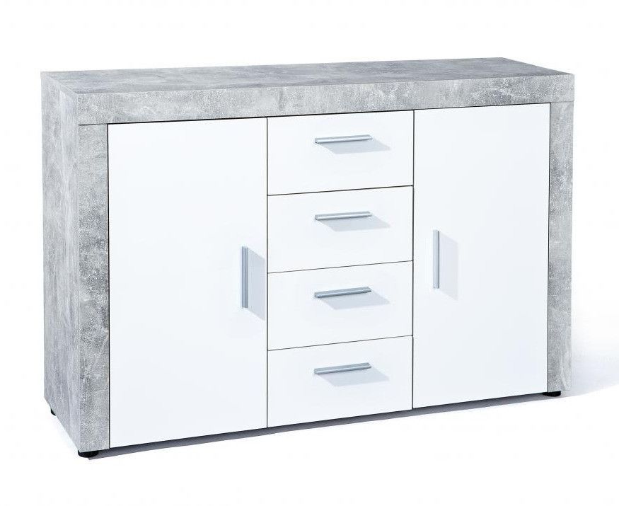 Buffet 2 portes 4 tiroirs bois blanc et effet béton Bonnie 134 cm - Photo n°1