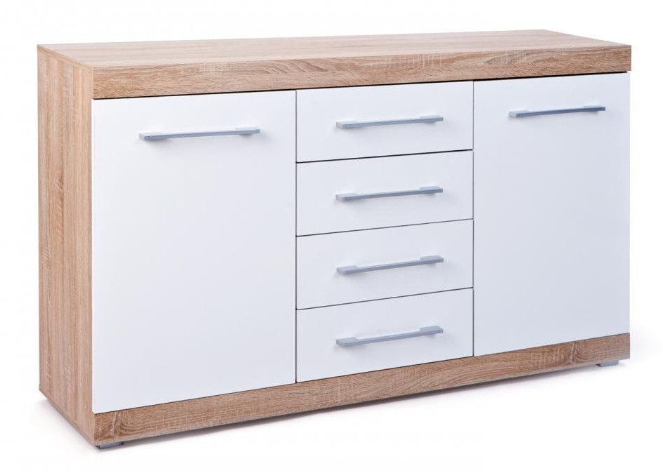 Buffet 2 portes 4 tiroirs bois chêne clair et blanc Babou 155 cm - Photo n°1