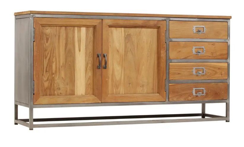 Buffet 2 portes 4 tiroirs teck massif recyclé et métal gris Paula - Photo n°1