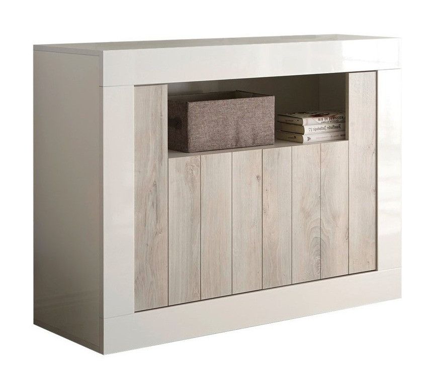 Buffet 2 portes laqué blanc brillant et pin gris Pilari L 110 cm - Photo n°1