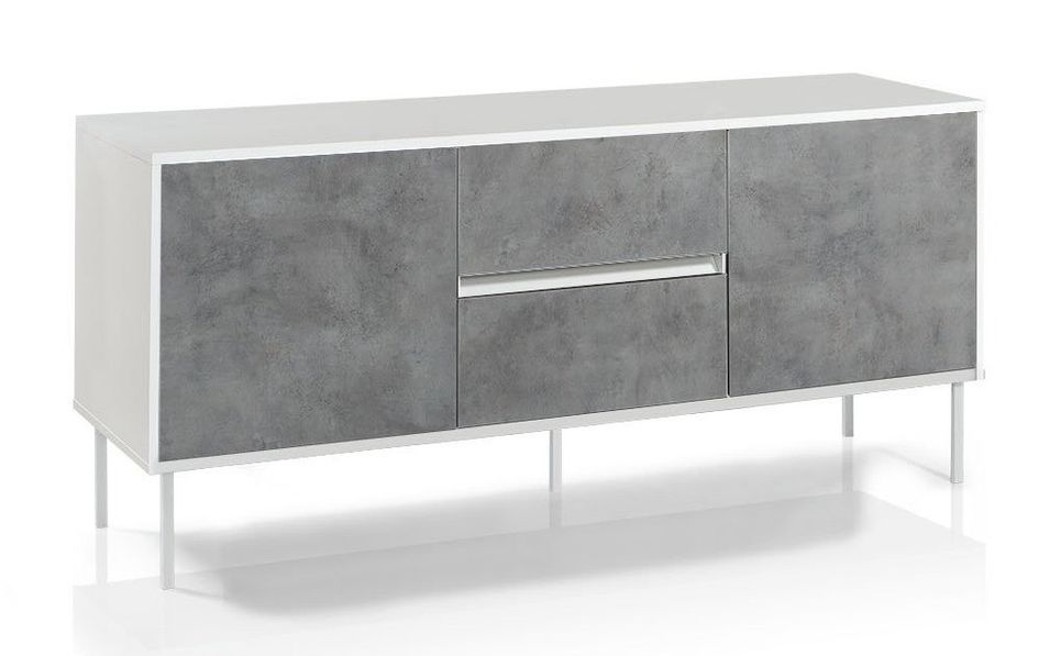 Buffet 2 portes mélaminé blanc et béton pieds métal blanc Keesa L 160 cm - Photo n°1