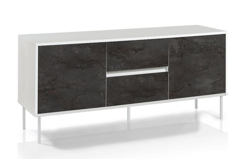Buffet 2 portes mélaminé blanc et gris pieds métal blanc Soli L 160 cm - Photo n°1