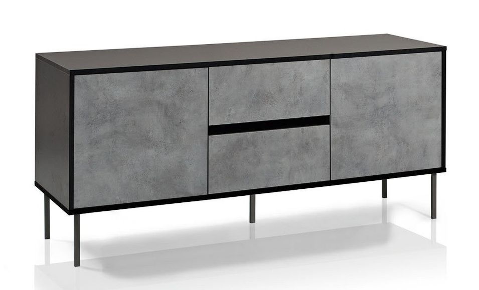 Buffet 2 portes mélaminé noir et béton pieds métal noir Luxot L 160 cm - Photo n°1